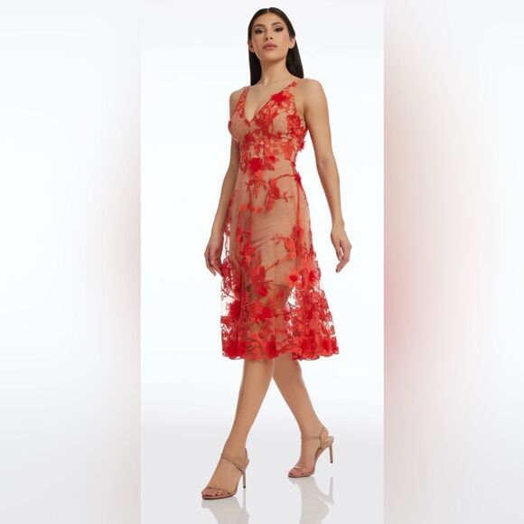 Dress the Population Audrey Strap 3D Floral Dress Tangerie / Nude M - Picture 1 of 13
